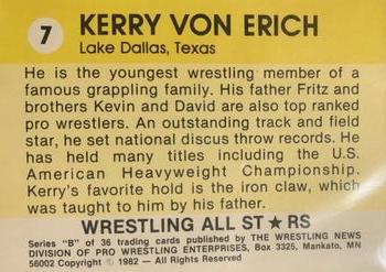 1982 Wrestling All Stars Series B #7 Kerry Von Erich Back