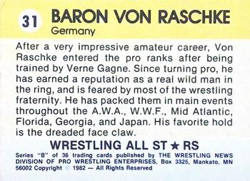 1982 Wrestling All Stars Series B #31 Baron Von Raschke Back