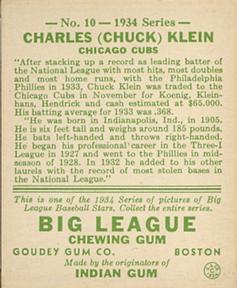 1934 Goudey (R320) #10 Chuck Klein Back
