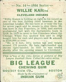 1934 Goudey (R320) #14 Willie Kamm Back