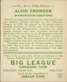 1934 Goudey (R320) #15 Alvin Crowder Back