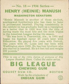 1934 Goudey (R320) #18 Heinie Manush Back
