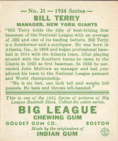 1934 Goudey (R320) #21 Bill Terry Back