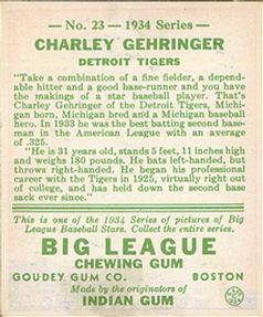 1934 Goudey (R320) #23 Charlie Gehringer Back