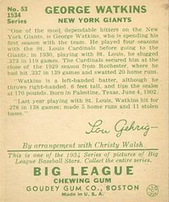 1934 Goudey (R320) #53 George Watkins Back
