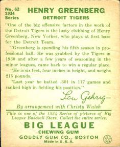 1934 Goudey (R320) #62 Hank Greenberg Back