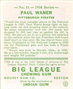 1934 Goudey (R320) #11 Paul Waner Back