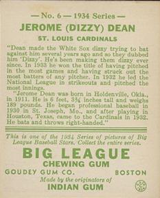 1934 Goudey (R320) #6 Dizzy Dean Back