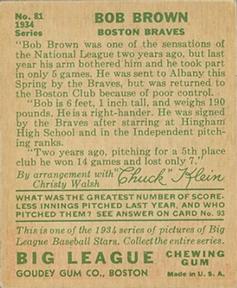1934 Goudey (R320) #81 Bob Brown Back