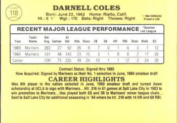 1985 Donruss #118 Darnell Coles Back