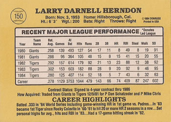 1985 Donruss #150 Larry Herndon Back