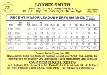 1985 Donruss #231 Lonnie Smith Back