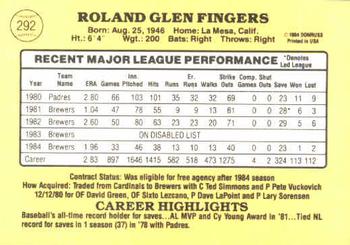 1985 Donruss #292 Rollie Fingers Back