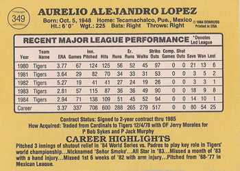1985 Donruss #349 Aurelio Lopez Back