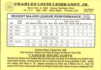 1985 Donruss #399 Charlie Leibrandt Back