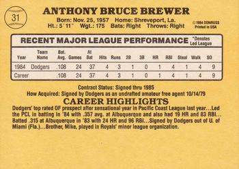 1985 Donruss #31 Tony Brewer Back
