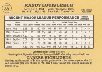 1985 Donruss #309 Randy Lerch Back
