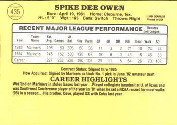 1985 Donruss #435 Spike Owen Back