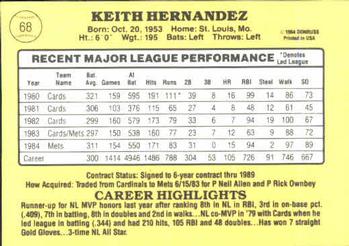 1985 Donruss #68 Keith Hernandez Back