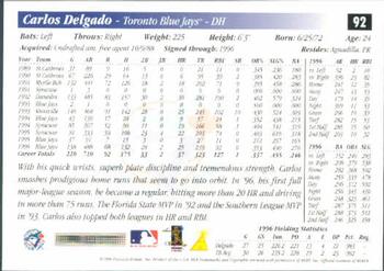 1997 Score #92 Carlos Delgado Back
