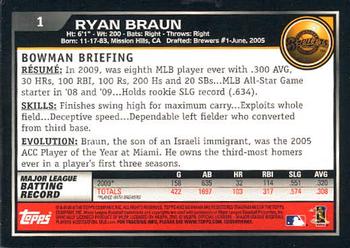 2010 Bowman #1 Ryan Braun Back