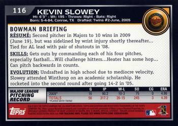 2010 Bowman #116 Kevin Slowey Back