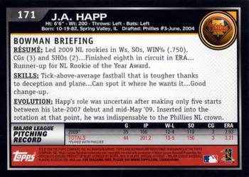 2010 Bowman #171 J.A. Happ Back
