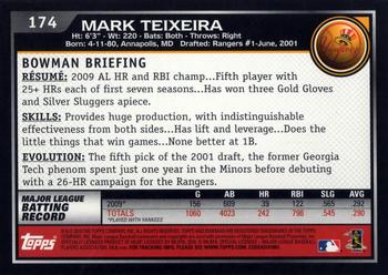 2010 Bowman #174 Mark Teixeira Back