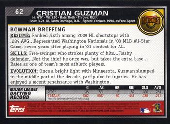 2010 Bowman #62 Cristian Guzman Back