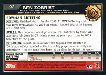 2010 Bowman #92 Ben Zobrist Back