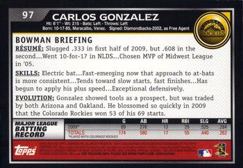 2010 Bowman #97 Carlos Gonzalez Back