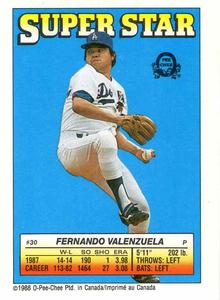 1988 O-Pee-Chee Stickers - Super Star Backs #30 Fernando Valenzuela Front