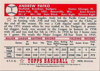 1995 Topps Archives Brooklyn Dodgers #1 Andy Pafko Back