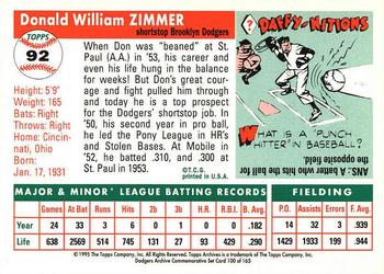 1995 Topps Archives Brooklyn Dodgers #100 Don Zimmer Back