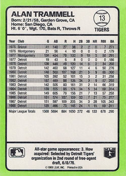 1989 Donruss Baseball's Best #13 Alan Trammell Back