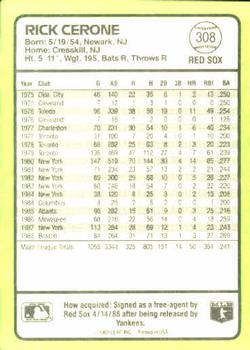 1989 Donruss Baseball's Best #308 Rick Cerone Back