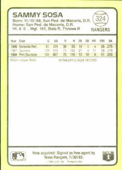 1989 Donruss Baseball's Best #324 Sammy Sosa Back