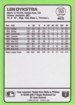 1989 Donruss Baseball's Best #159 Lenny Dykstra Back