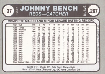 1981 Fleer Star Stickers #37 Johnny Bench Back
