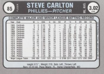 1981 Fleer Star Stickers #85 Steve Carlton Back