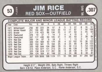 1981 Fleer Star Stickers #53 Jim Rice Back