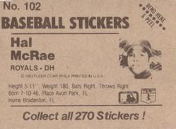 1983 Fleer Star Stickers #102 Hal McRae Back
