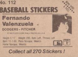1983 Fleer Star Stickers #112 Fernando Valenzuela Back