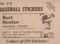 1983 Fleer Star Stickers #115 Burt Hooton Back