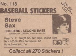 1983 Fleer Star Stickers #118 Steve Sax Back