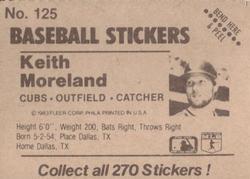 1983 Fleer Star Stickers #125 Keith Moreland Back
