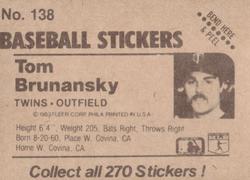 1983 Fleer Star Stickers #138 Tom Brunansky Back