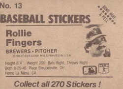 1983 Fleer Star Stickers #13 Rollie Fingers Back