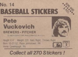 1983 Fleer Star Stickers #14 Pete Vuckovich Back