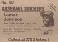 1983 Fleer Star Stickers #162 Lamar Johnson Back